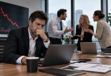 разочарованный владелец бизнеса смотрит на график падения продаж на фоне спорящей команды