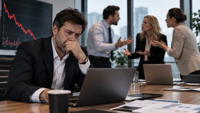 разочарованный владелец бизнеса смотрит на график падения продаж на фоне спорящей команды
