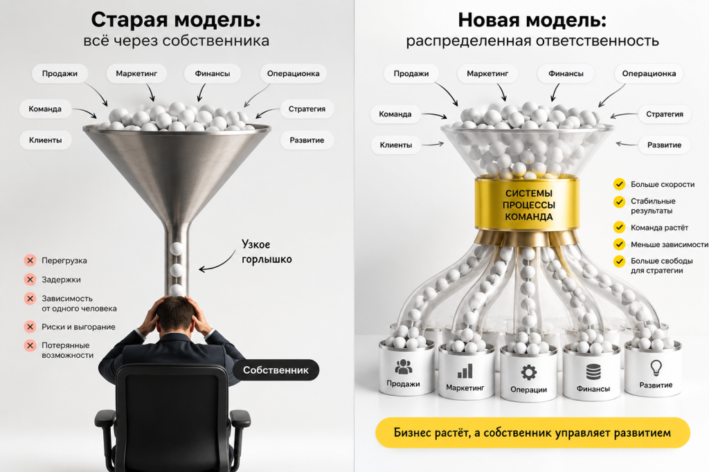 Схема в виде воронки. Сверху надпись "Старая модель: всё через собственника" (узкое горлышко), снизу "Новая модель: распределенная ответственность" (широкий поток)