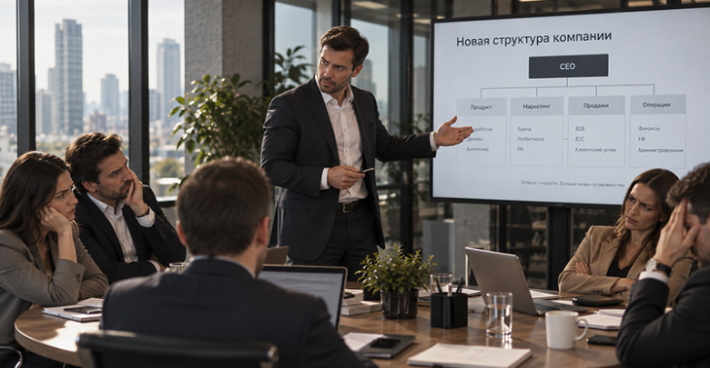 владелец бизнеса показывает презентацию с новой структурой компании недовольным сотрудникам, сидящим за круглым столом