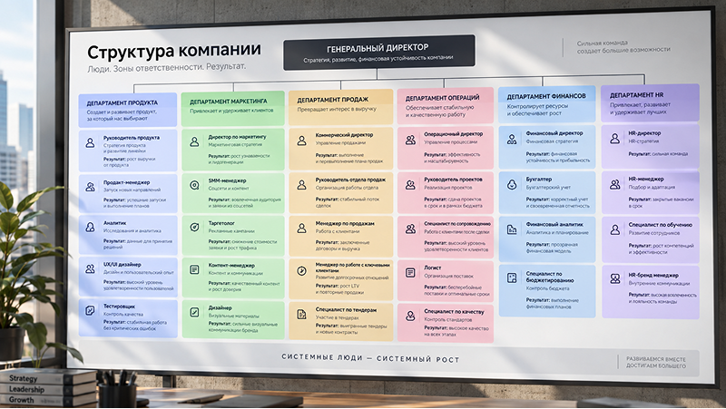 организующая схема компании, где каждая должность выделена отдельным цветом с прописанным конечным результатом