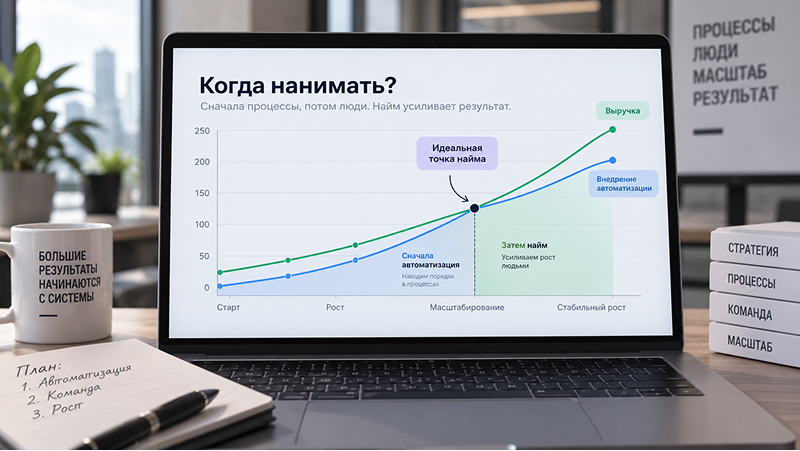 график, показывающий пересечение линии роста выручки и линии внедрения автоматизации с пометкой "Идеальная точка найма"