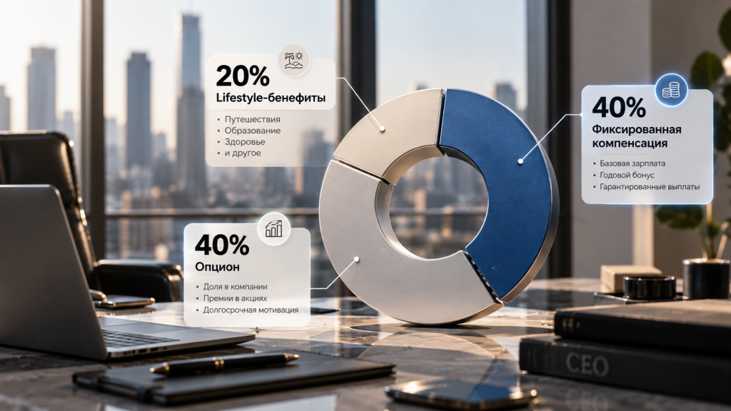 Круговая диаграмма компенсационного пакета CEO 2026 года: 40% фикс, 40% опцион, 20% lifestyle-бенефиты